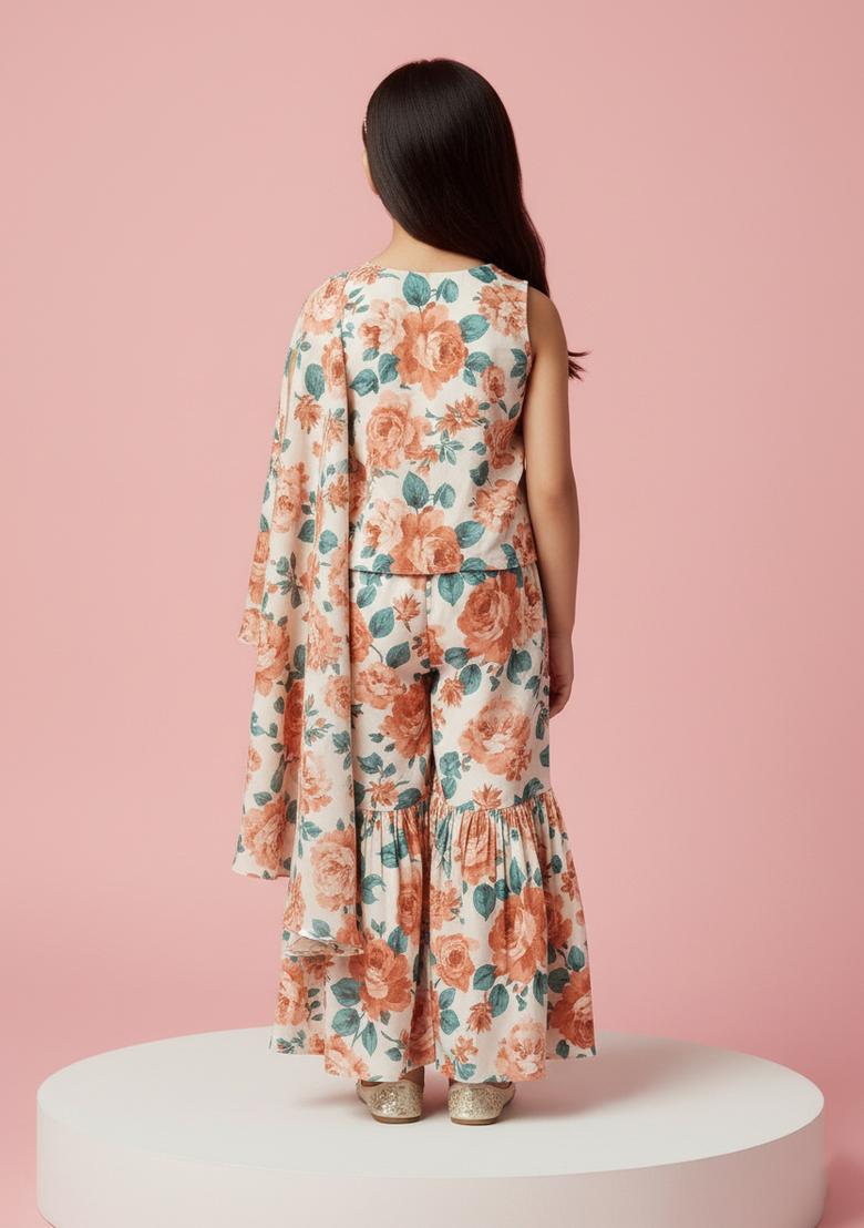 Girls Cream Floral Print Kurta Set - Indya