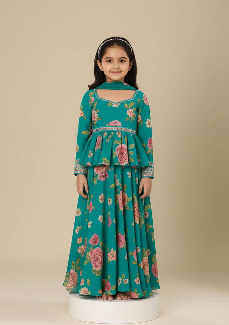 Girls Teal Blue Floral Print Kurta Set - Indya