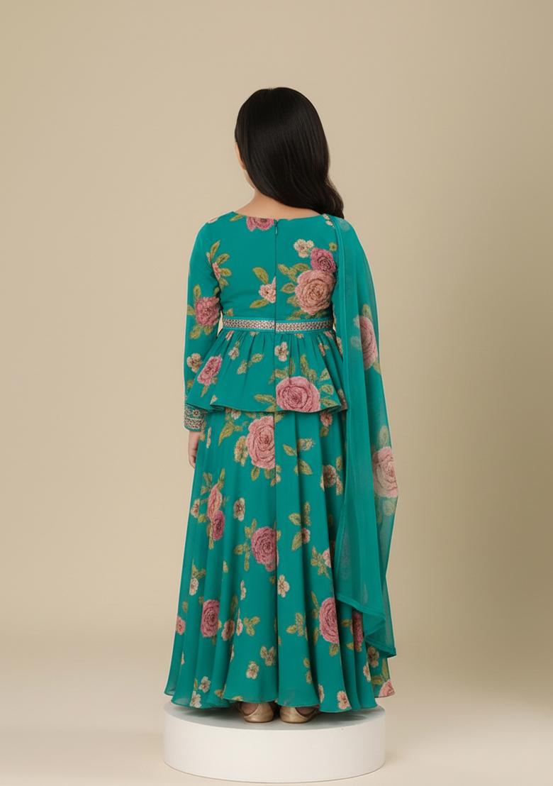 Girls Teal Blue Floral Print Kurta Set - Indya