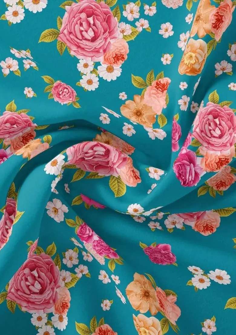Girls Teal Blue Floral Print Kurta Set - Indya