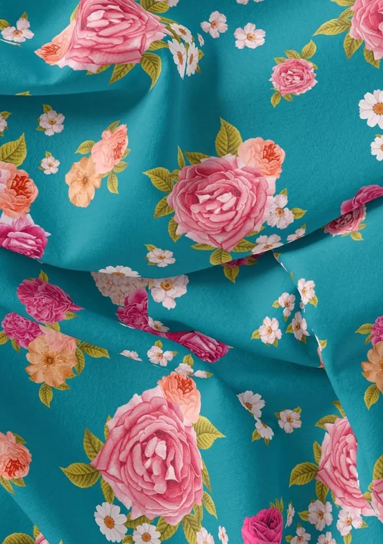 Girls Teal Blue Floral Print Kurta Set - Indya