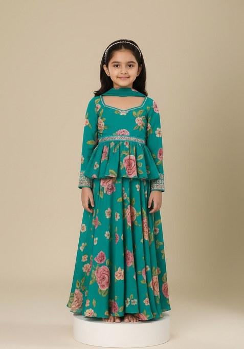 Girls Teal Blue Floral Print Kurta Set