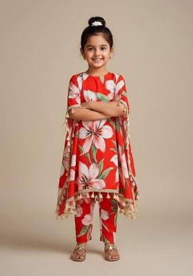 Girls Red Floral Print Satin Kurta Set