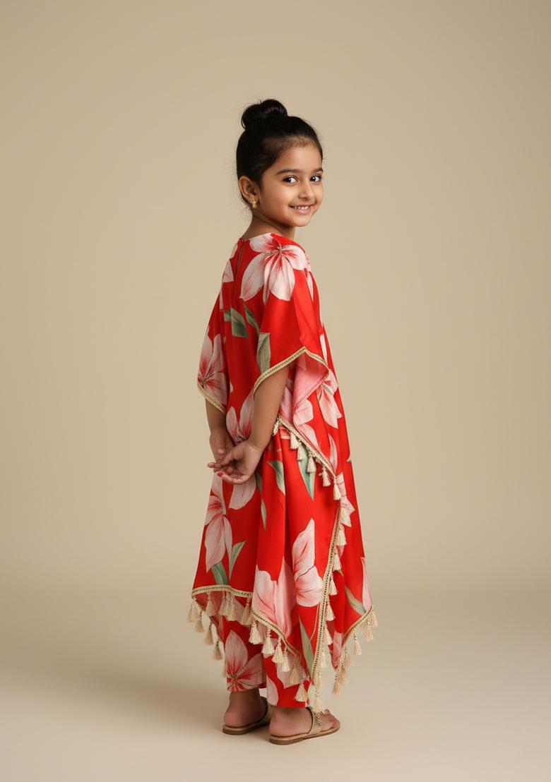 Girls Red Floral Print Satin Kurta Set - Indya