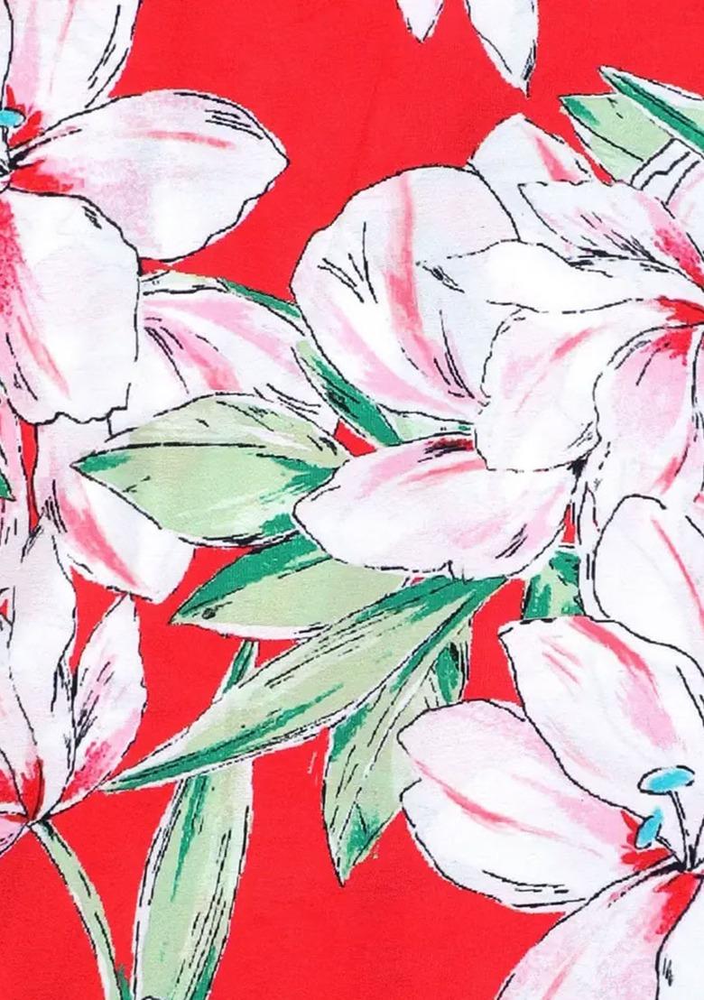 Girls Red Floral Print Satin Kurta Set - Indya