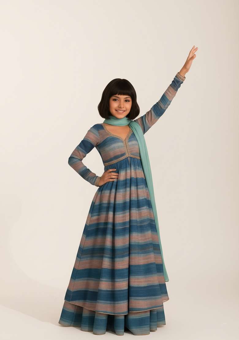 Girls Multicolor Striped Chiffon Kurta Set - Indya