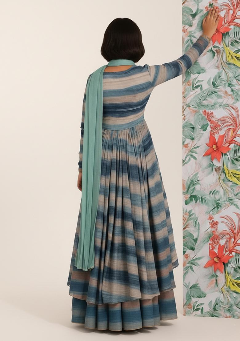 Girls Multicolor Striped Chiffon Kurta Set - Indya