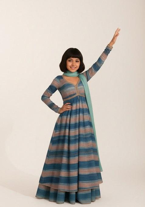 Girls Multicolor Striped Chiffon Kurta Set