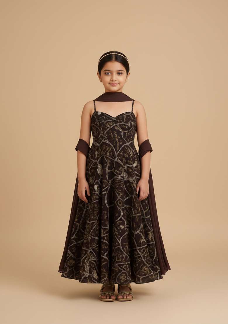 Girls Purple Abstract Print Georgette Anarkali Set - Indya