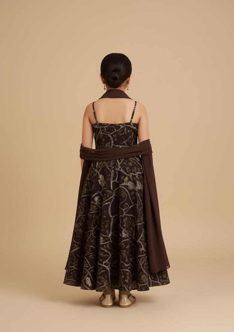 Girls Purple Abstract Print Georgette Anarkali Set - Indya