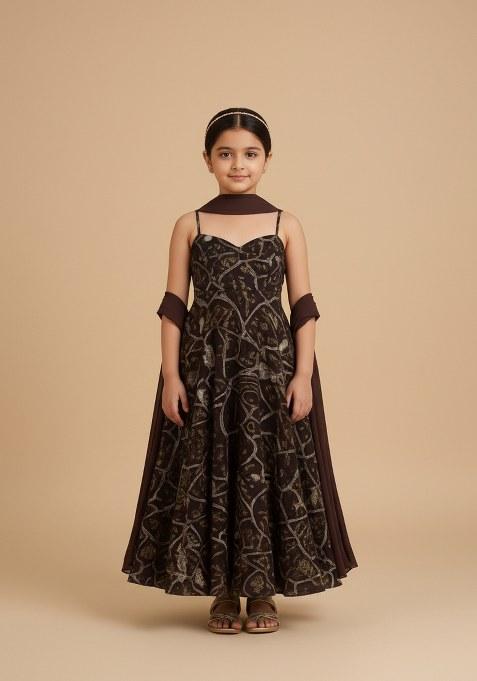 Girls Purple Abstract Print Georgette Anarkali Set