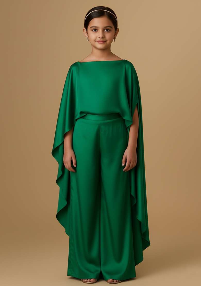 Girls Teal Blue Solid Satin Kaftan Set - Indya