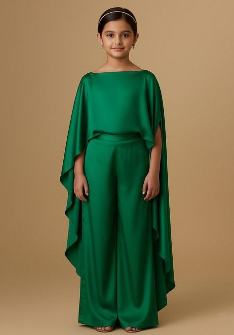 Girls Teal Blue Solid Satin Kaftan Set