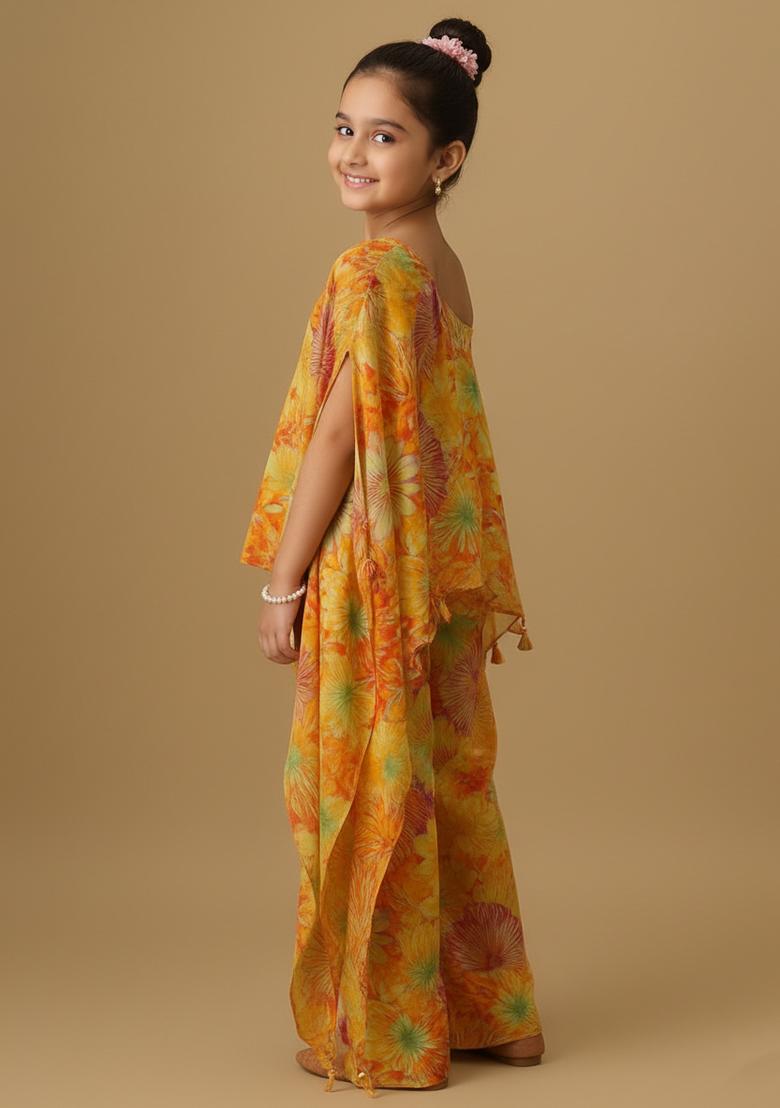 Girls Multicolor Floral Print Satin Kaftan Set - Indya
