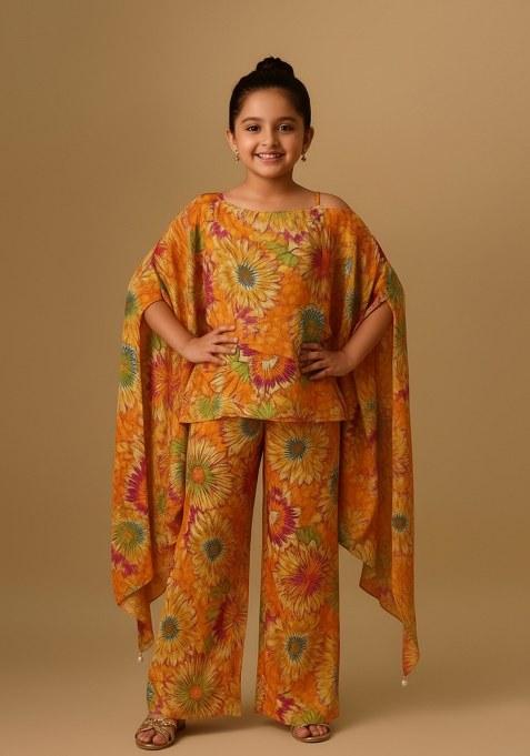 Girls Multicolor Floral Print Satin Kaftan Set
