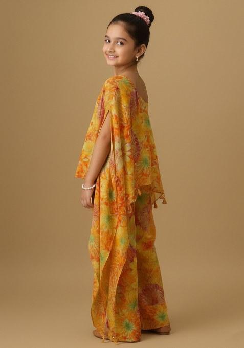 Girls Multicolor Floral Print Satin Kaftan Set