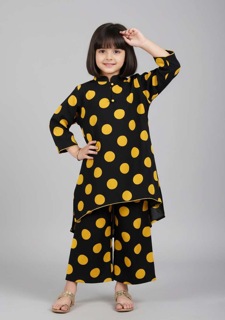 Girls Black Polka Dot Satin Kaftan Set - Indya