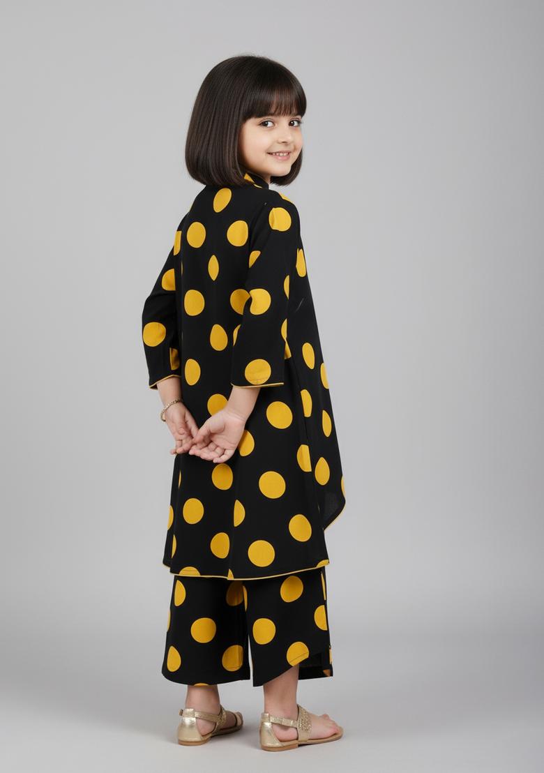 Girls Black Polka Dot Satin Kaftan Set - Indya