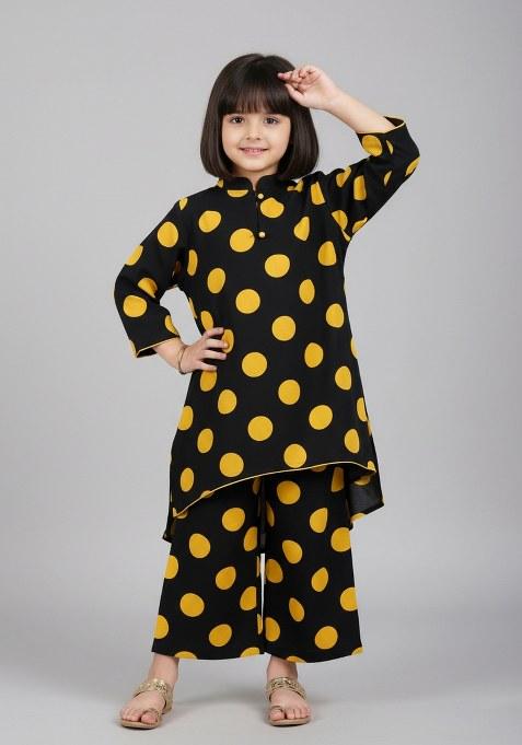 Girls Black Polka Dot Satin Kaftan Set