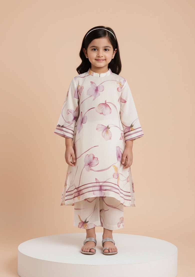 Girls Multicolor Floral Print Satin Kaftan Set - Indya