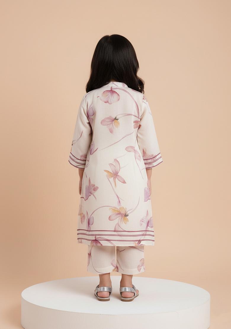 Girls Multicolor Floral Print Satin Kaftan Set - Indya