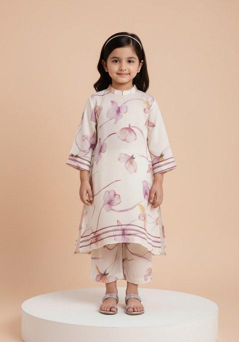 Girls Multicolor Floral Print Satin Kaftan Set
