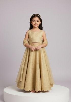 Girls Golden Brocade Kurta Set