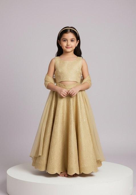 Girls Golden Brocade Kurta Set