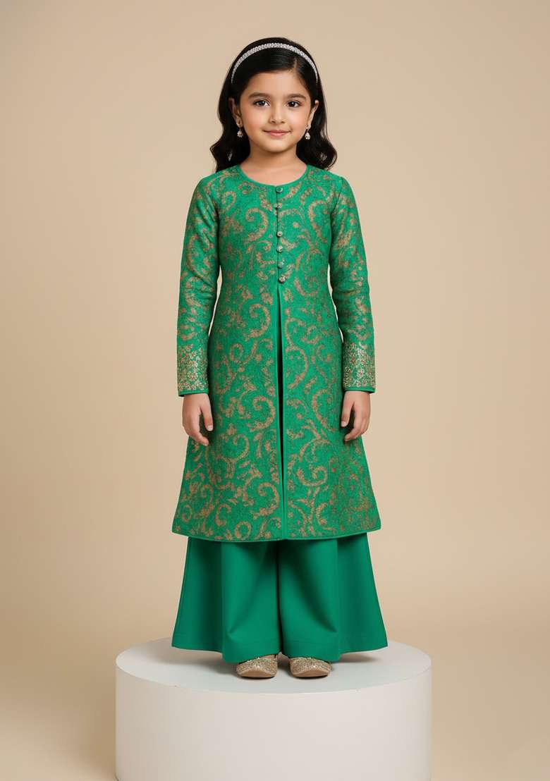 Girls Green Embroidered Crepe Kurta Set - Indya