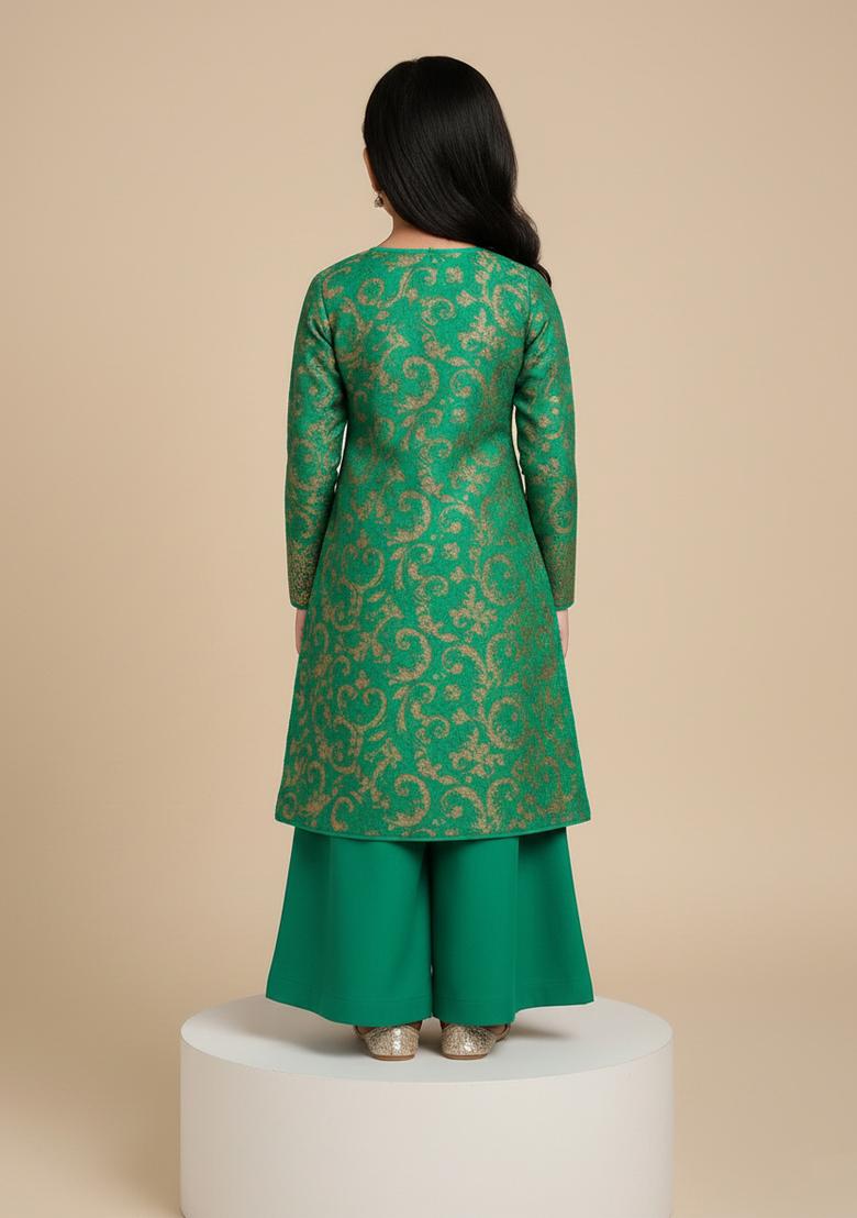Girls Green Embroidered Crepe Kurta Set - Indya