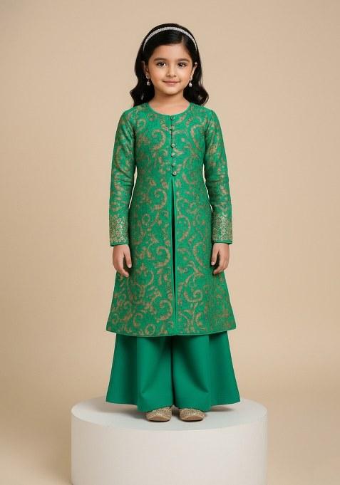 Girls Green Embroidered Crepe Kurta Set