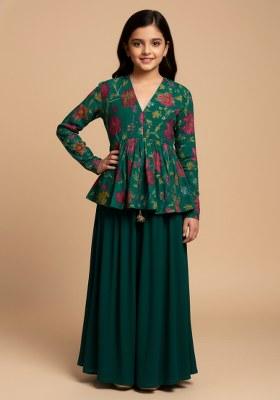 Girls Dark Green Embroidered Chanderi Kurta Set