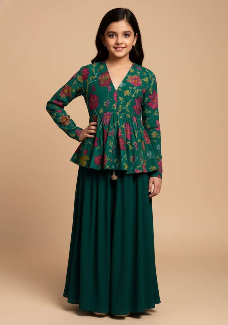Girls Dark Green Embroidered Chanderi Kurta Set - Indya
