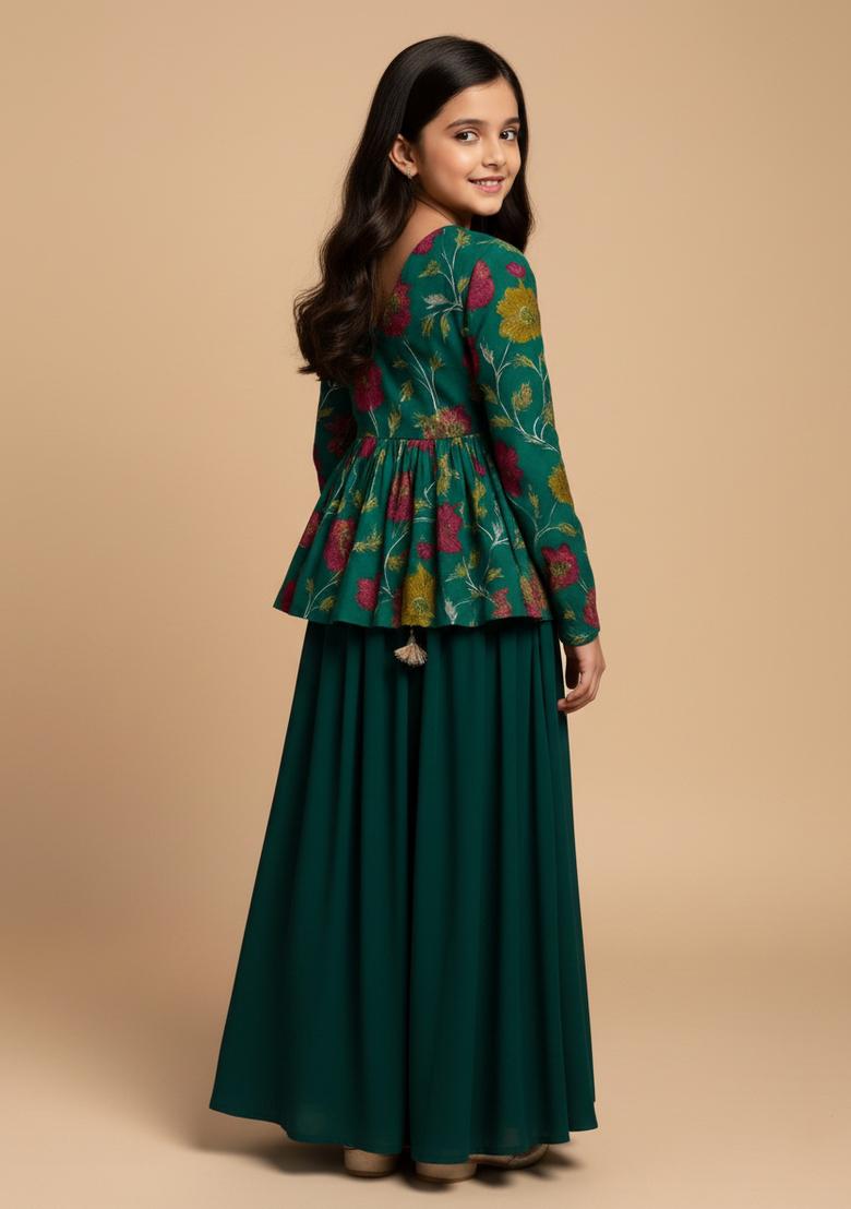 Girls Dark Green Embroidered Chanderi Kurta Set - Indya