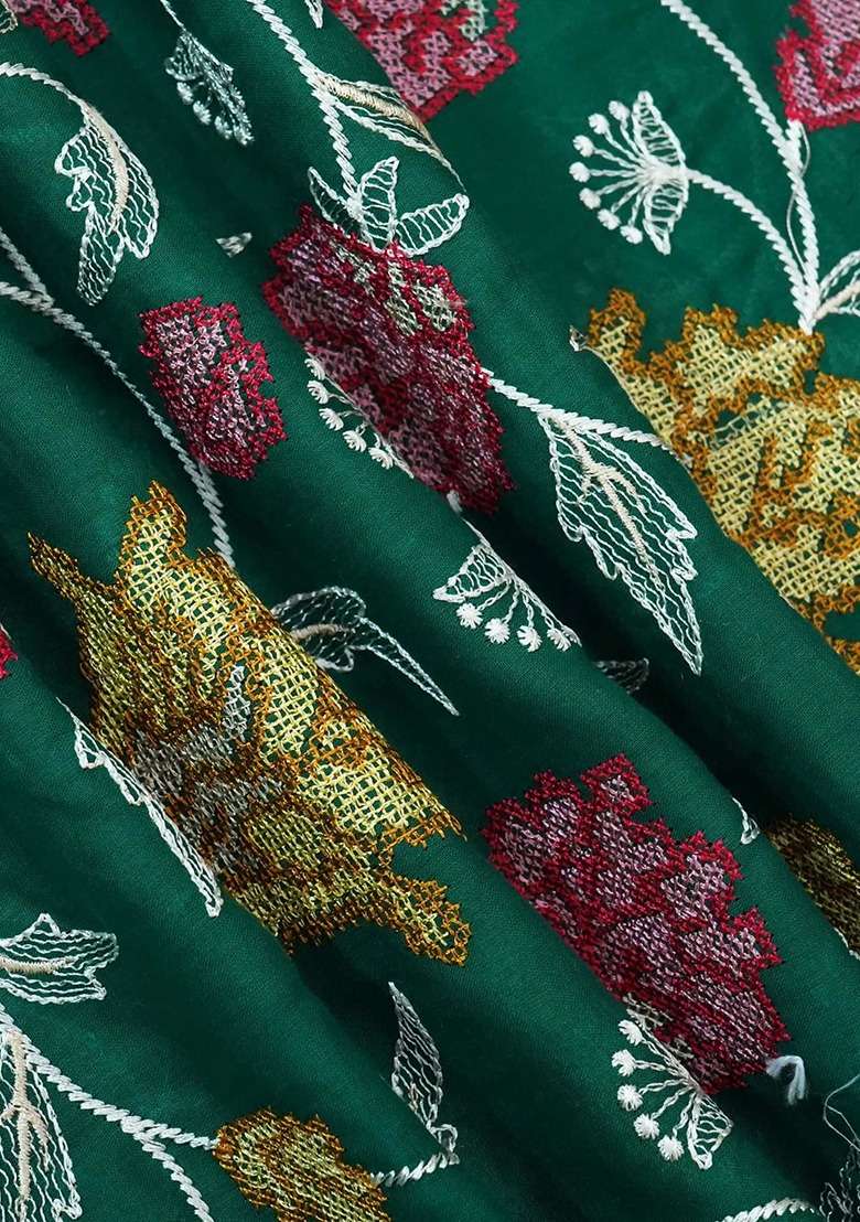 Girls Dark Green Embroidered Chanderi Kurta Set - Indya