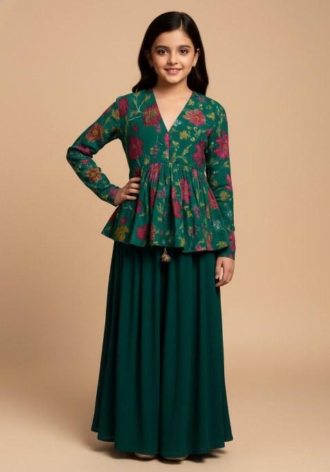 Girls Dark Green Embroidered Chanderi Kurta Set