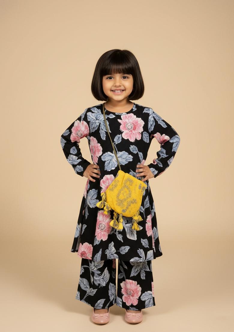 Girls Black Floral Print Crepe Kurta Set - Indya