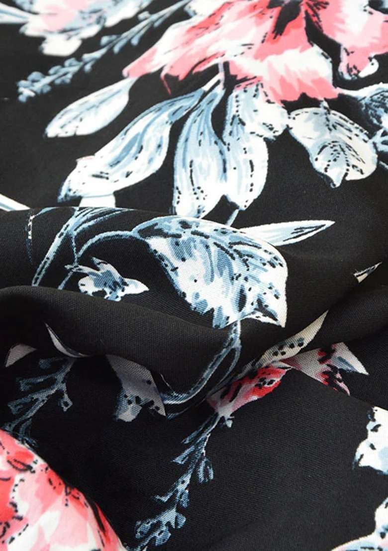 Girls Black Floral Print Crepe Kurta Set - Indya