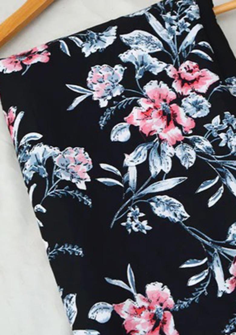 Girls Black Floral Print Crepe Kurta Set - Indya