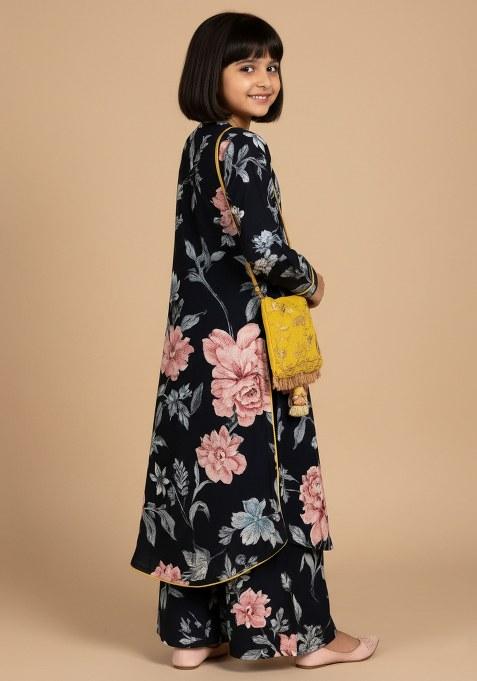 Girls Black Floral Print Crepe Kurta Set
