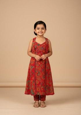 Girls Deep Red Figure Print Chiffon Kurta Set