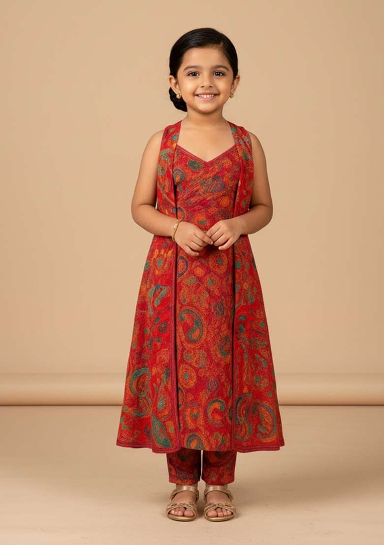 Girls Deep Red Figure Print Chiffon Kurta Set - Indya