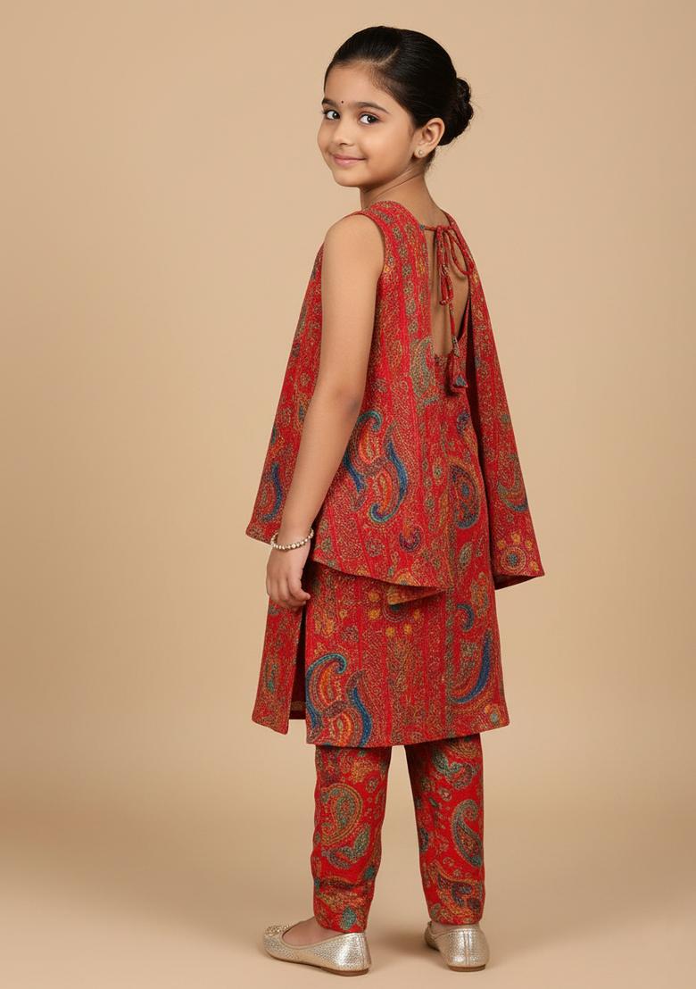 Girls Deep Red Figure Print Chiffon Kurta Set - Indya