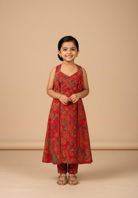 Girls Deep Red Figure Print Chiffon Kurta Set