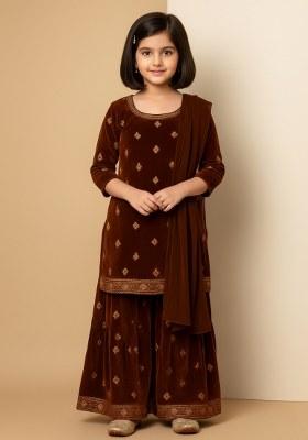 Girls Maroon Embroidered Velvet Kurta Set