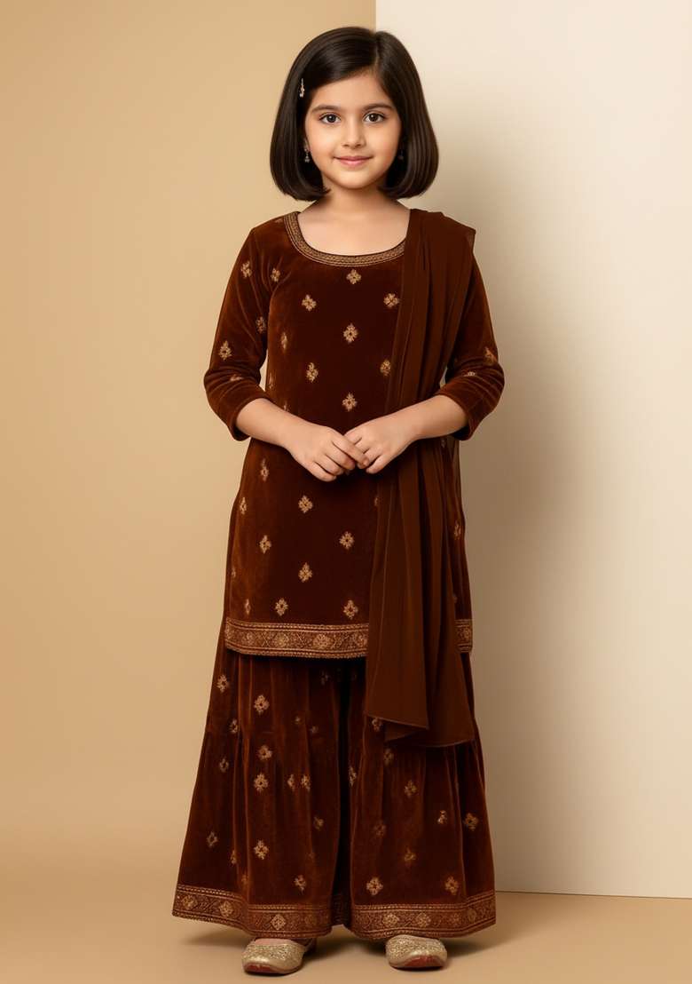 Girls Maroon Embroidered Velvet Kurta Set - Indya