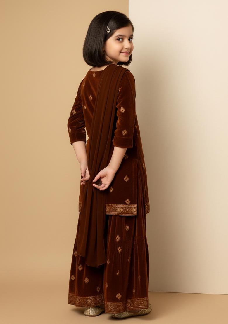 Girls Maroon Embroidered Velvet Kurta Set - Indya