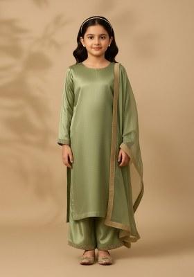Girls Mehendi Embroidered Silk Kurta Set