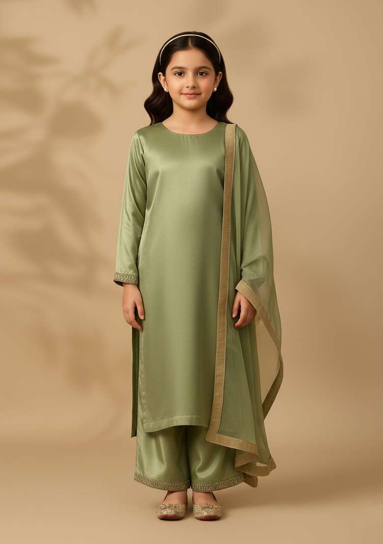 Girls Mehendi Embroidered Silk Kurta Set - Indya