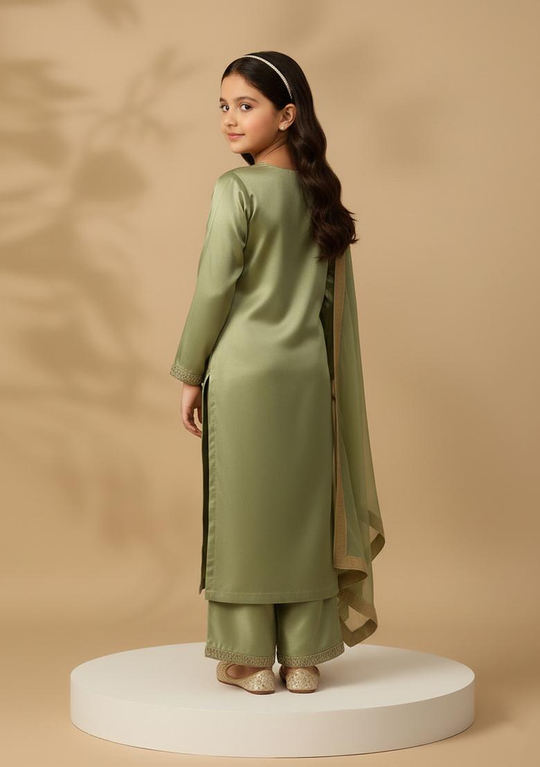 Girls Mehendi Embroidered Silk Kurta Set - Indya